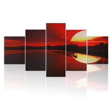 5PCS Frameless Canvas Painting Red Dusk Lakeside Picture Modern Wall Art Home Decor