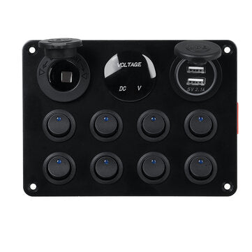 8 Gang 12V Switch Panel 11x15cm For Caravan RV Yacht Blue LED Dual USB + Display