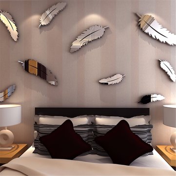Silver Feather DIY 3D Mirror Wall Sticker Mural For Home And Bedroom Decoration