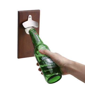 Wall Mounted Bottle Opener Rustic Wood Alloy Cap Catcher Kitchen Bar Decorations (TYPE: B)