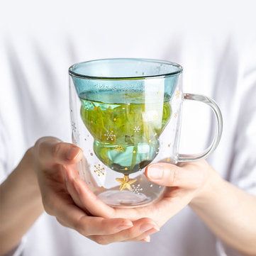 XH-121 300ML Innovative Christmas Tree Mark Cup Double-Layer Borosilicate Glass Transparent Coffee C