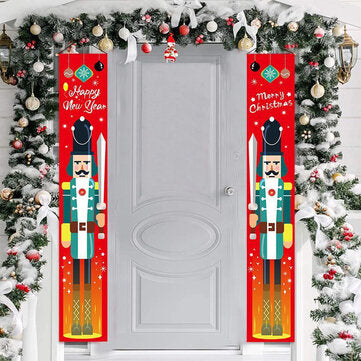1 Pair Christmas Banner Red Green Nutcracker Soldier Pattern Couplet For Christmas Door Decoration
