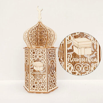 Islam Eid Ramadan Mubarak Decoration Wooden Golden LED Lantern Bas... (MODEL: SMALL | TYPE: RAMADAN)