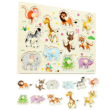 Wooden Animal Early Education Puzzle Toy Preschool Teaching Tool with Small Rounded Handle Easily Gr