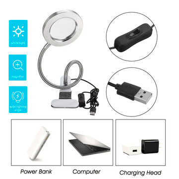 USB LED Magnifying Glass Desk Lighting 8X Magnifier Lamp Bendable Beauty Makeup Tattoo Light R
