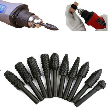 10Pcs Carbon Steel Shank Rotary File Set Wood Carving Rasp Drill Bits Tool