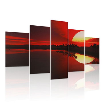 5PCS Frameless Canvas Painting Red Dusk Lakeside Picture Modern Wall Art Home Decor