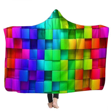 Warm 3D Colored Cubes Hooded Blankets Wearable Soft Towel Plush Mat For Adu... (SIZE 3: 210CMX150CM)