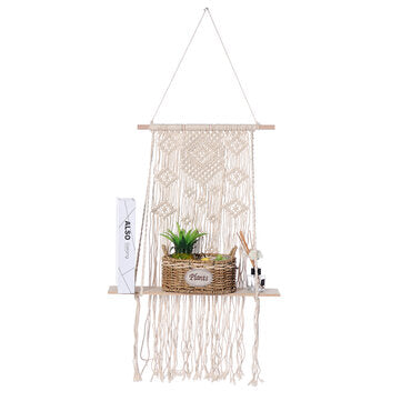 Wall Hanging Tapestry Rope Shelf Bohemian Handmade Wooden Floating Shelves Rack Home Office Decor Or