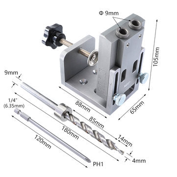Aluminum Alloy 9mm Pocket Hole Jig Set Dowel Drilling Hole Kit Carpentry Punch Locator Woodworking D