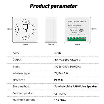 RSH 16A Mini Zigbee3.0 Smart Switch Two Way Wireless ON/OFF Switch APP Remote Control Works With Tuy