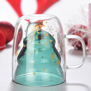 XH-121 300ML Innovative Christmas Tree Mark Cup Double-Layer Borosilicate Glass Transparent Coffee C