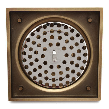 Antique Brass Square Floor Drain for Bathroom Kitchen w/ Strainer Grate 10X10X4.5cm