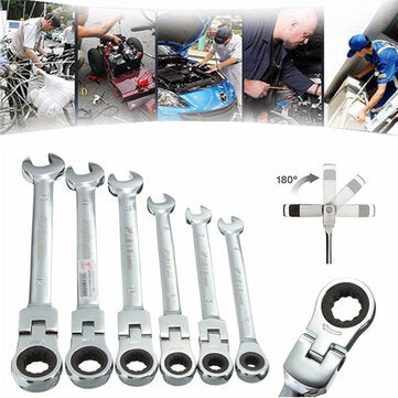 DANIU 6pcs a Set 6mm-12mm Flexible Pivoting Head Ratchet Combination Spanner Wrench Garage Metric To