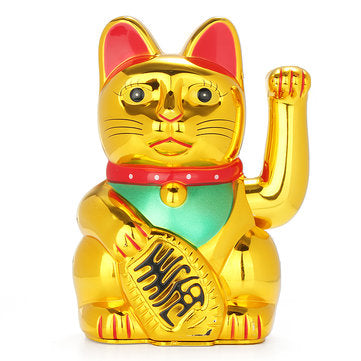 6" Chinese Lucky Waving Hand Maneki Neko Gold Fortune Feng Shui Cat Moving Arm Doll