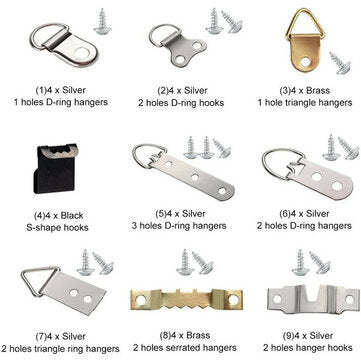 96Pcs Photo Frame Hanging Hooks Kit 9 Models Picture Hanger Hooks with Screws for Office Family Phot