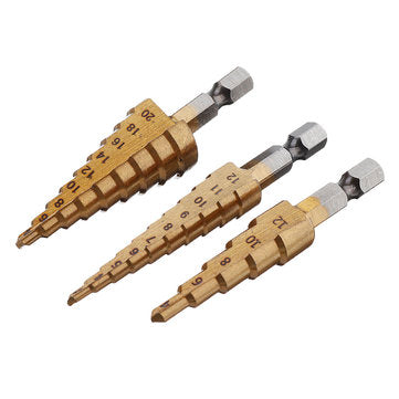 Drillpro 4pcs HSS Titanium Coated Step Drill Bit with Automatic Center Pin Punch 3-12/4-12/4-20mm St
