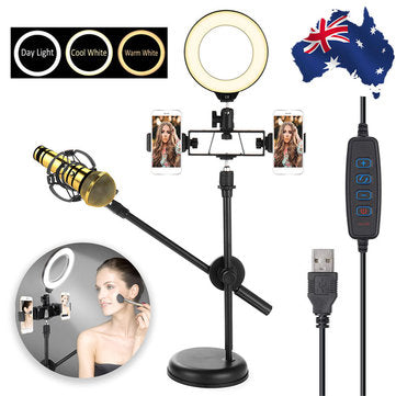 Dimmable LED Ring Light Kit+Light Stand 6500K Camera Photo Video Desktop Lamp