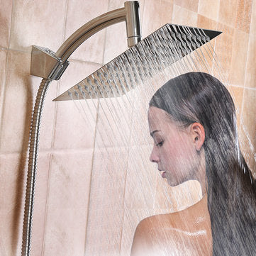 Square 8 Inch Rainfall Shower Head Extension with Shower Arm Hose Kit Overhead