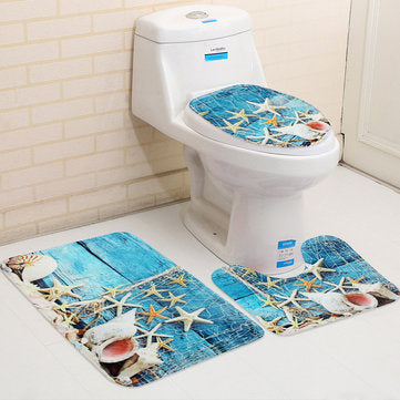 3PCS Set Blue Ocean Style Bathroom Set Pedestal Rug Lid Toilet Cover Bath Mat