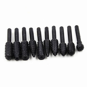 10Pcs Carbon Steel Shank Rotary File Set Wood Carving Rasp Drill Bits Tool