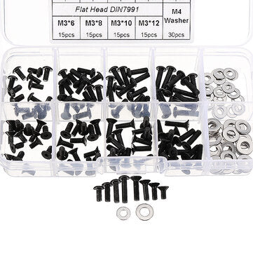 Suleve M3CH8 M3 Carbon Steel Hex Socket Flat Head Button Head Screws Flat Washers Assortment 180p