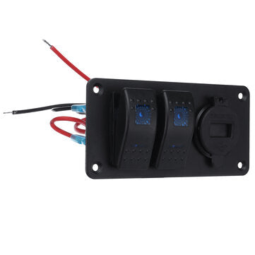 LED Switch Panel 2 Gang Rocker Switch Toggle QC 3.0 USB Blue LED Car Marine Boat