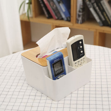 Desktop Bamboo Cover Tissue Box Plastic Pencil Pen Holder Remote Control Storage Box Sundries Organi