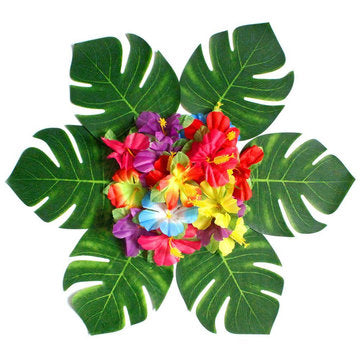 60Pcs Tropical Artificial Palm Leaves Hawaiian Hibiscus Flowers Wedding Birthday Party Decoration Ta