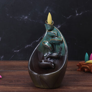 Ceramic Backflow Incense Burner Holder Handmade Black Incense Censer Home Furniture Decor with 10pcs