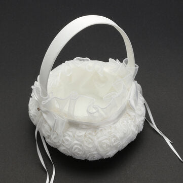 White Romantic Storage Rose Flower Baskets Bowknot Satin Wedding Ceremony Party Girl