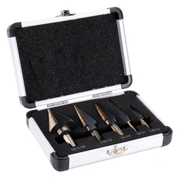 Drillpro 5pcs HSS Step Drill Bit Set Hole Cutter Drilling Tool Multiple Hole 50 Sizes with Aluminum