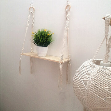 Wooden Bohemian Sling Rack Storage Rack Woven Rope Plant Rack Home DIY Decoration for Home Storage