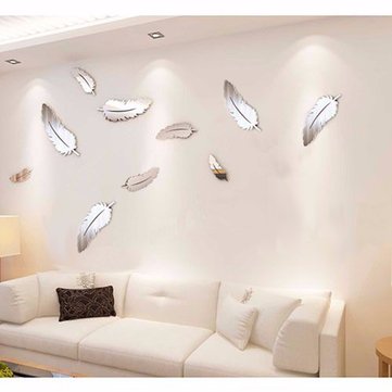 Silver Feather DIY 3D Mirror Wall Sticker Mural For Home And Bedroom Decoration