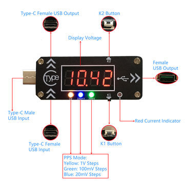 XY-WPDT USB Charging Trigger Charger Voltmeter Ammeter 5V/9V/12V/15V/20V/PPS PD2.0 PD3.0 Type-C USB