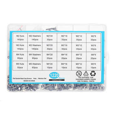 Suleve MXSH8 1220Pcs Stainless Steel Hex Socket Flat Head Screws Bolt Nuts Washers Assortment Kit M2