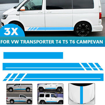 3PCS Side Body Stripes Hood Stickers Decals For VW Transporter T4 T5 T6 Campervan (COLOR.: BLUE)