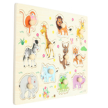 Wooden Animal Early Education Puzzle Toy Preschool Teaching Tool with Small Rounded Handle Easily Gr