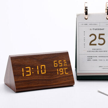 USB Voice Control Wooden Wooden Triangle Temperature LED Digital Alarm... (TYPE: BROWNWOODREDLETTER)