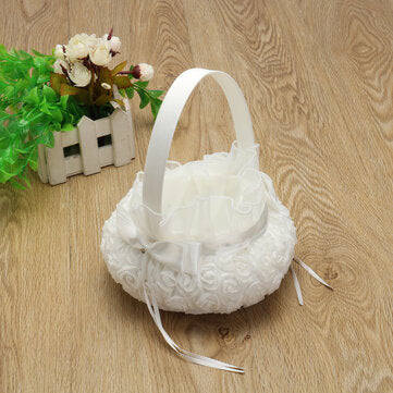 White Romantic Storage Rose Flower Baskets Bowknot Satin Wedding Ceremony Party Girl