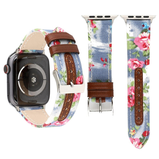 Denim Flower Pattern Genuine Leather Watch Band for Apple Watch Series 3 & 2 & 1 38mm(Baby Blue)