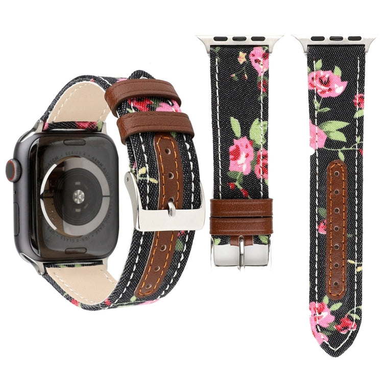 Denim Flower Pattern Genuine Leather Watch Band for Apple Watch Series 3 & 2 & 1 42mm(Black)