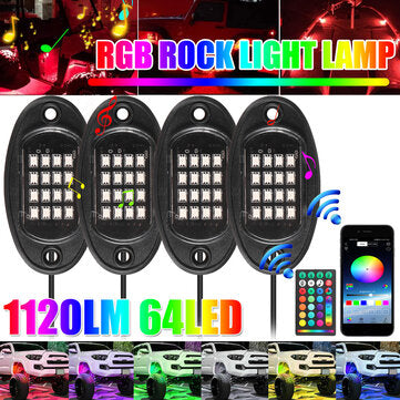 4Pcs RGB LED Rock Lights Kit Underbody Neon Light Pods bluetooth App Control