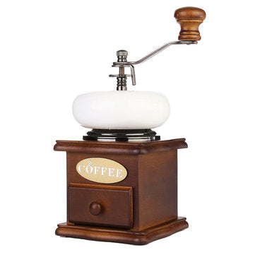 Retro White Ceramic Manual Coffee Bean Grinder Wooden Nut Mill Cafe Hand Grinding Tool