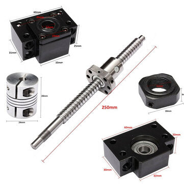 SFU1605 Ball Screw Length 250mm with 1 Set BK/BF12 Supports and 6.35mm x 10mm Coupler for CNC
