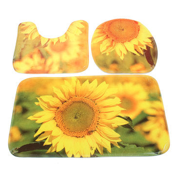 3pcs/Set Yellow Sunflower Non-Slip Bathroom Pedestal Rug Lid Toilet Cover Bath Mat Floor Carpet Home