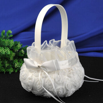 White Romantic Storage Rose Flower Baskets Bowknot Satin Wedding Ceremony Party Girl