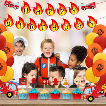 Balloon Banner Set Fire Truck Firefighter Theme Balloon Set Birthday Party Banner Home Decoration