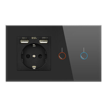 SRAN 146*86mm 220V 16A EU Touch Sensor Switch with Socket with USB Crystal Glass ... (COLOR.: BLACK)