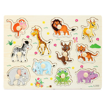 Wooden Animal Early Education Puzzle Toy Preschool Teaching Tool with Small Rounded Handle Easily Gr